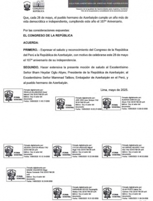 El Congreso del Perú felicita a Azerbaiyán por el 107.º aniversario de su independencia 
