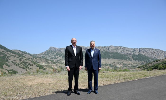 Ilham Aliyev and Gurbanguly Berdimuhamedov pose for photo against backdrop of Shusha