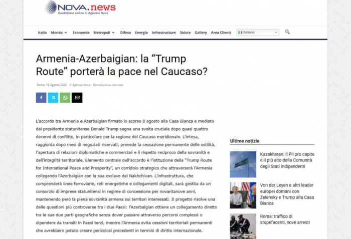 Historic Azerbaijan-Armenia peace agreement in spotlight of Italian portal