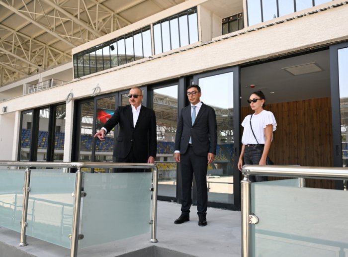  President Ilham Aliyev and First Lady Mehriban Aliyeva inspect construction progress at Ganja city stadium 