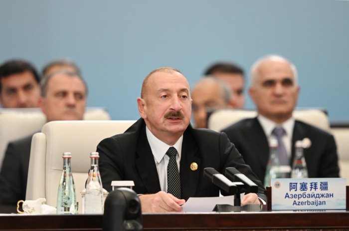  Azerbaijani President delivers speech at SCO Plus meeting in Tianjin 