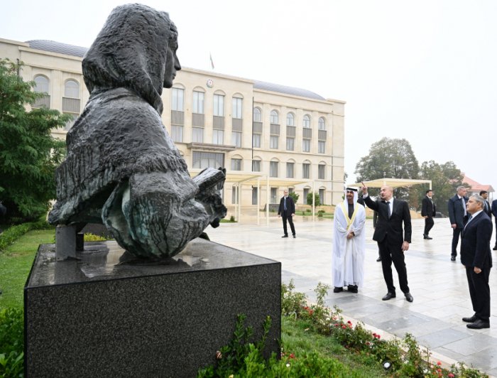   Azerbaijani, UAE presidents view bullet-riddled monuments of prominent Azerbaijani figures in Shusha  