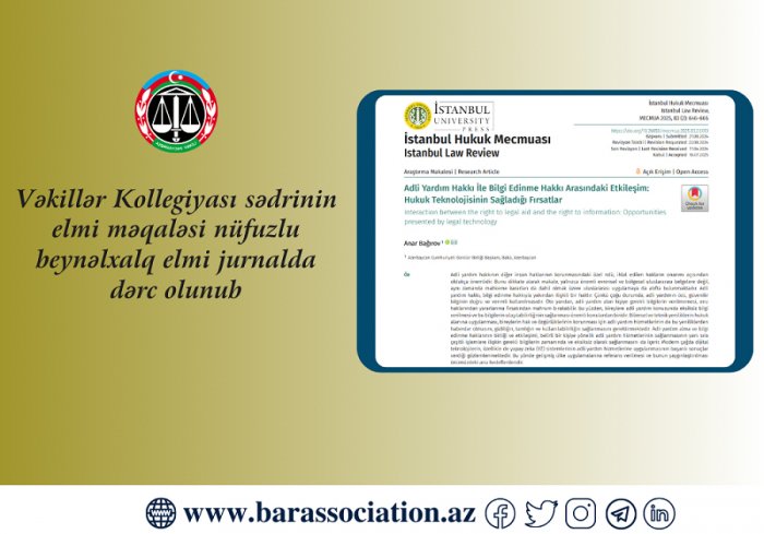 Vəkillər Kollegiyası sədrinin elmi məqaləsi beynəlxalq elmi jurnalda dərc olunub