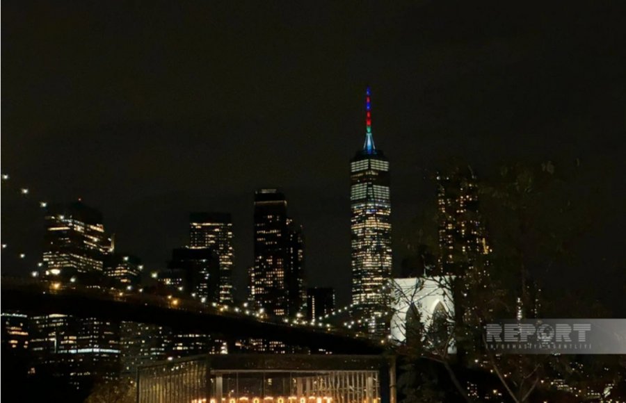   New York skyscrapers illuminated in colors of Azerbaijan