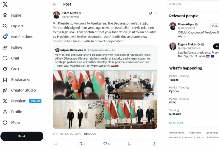    İlham Əliyev Latviya Prezidentinin Azərbaycana səfəri ilə bağlı paylaşım edib   