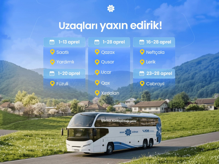 Apreldə    Səyyar ASAN    xidmətin fəaliyyət göstərəcəyi ünvanlar