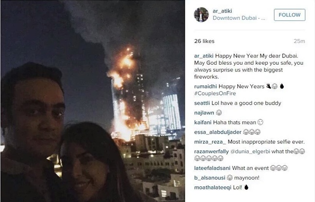 Le selfie d’un couple devant le spectaculaire incendie d`un hôtel de luxe suscite la polémique