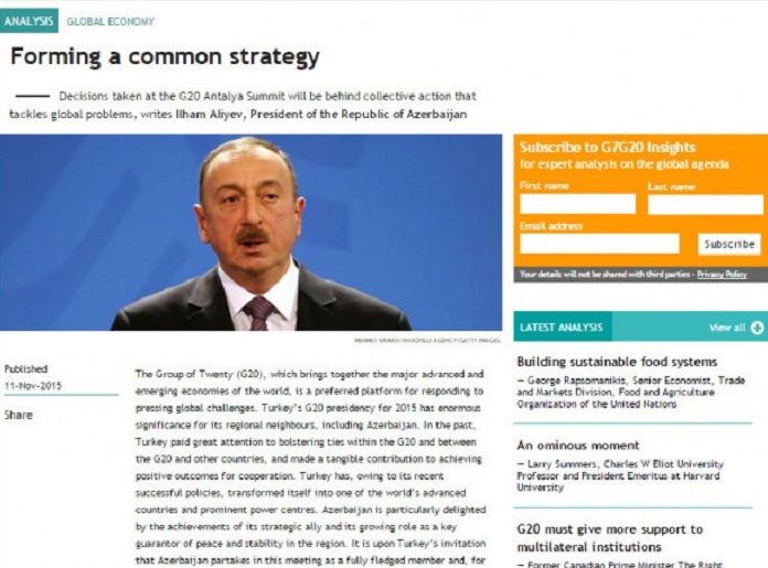 Un article du président Ilham Aliyev a été mis en ligne sur le site du G20