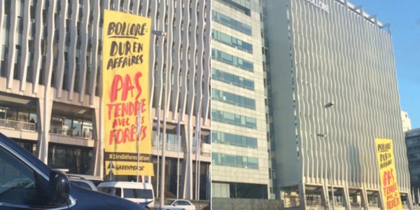 Greenpeace déroule une banderole géante devant le siège de Bolloré