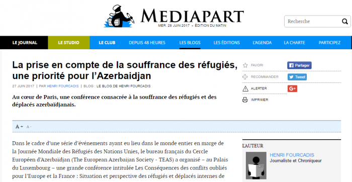 La prise en compte de la souffrance des réfugiés, une priorité pour l’Azerbaidjan - Mediapart