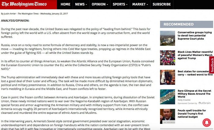 The Washington Times publie un article sur l’agression de l’Arménie contre l’Azerbaïdjan