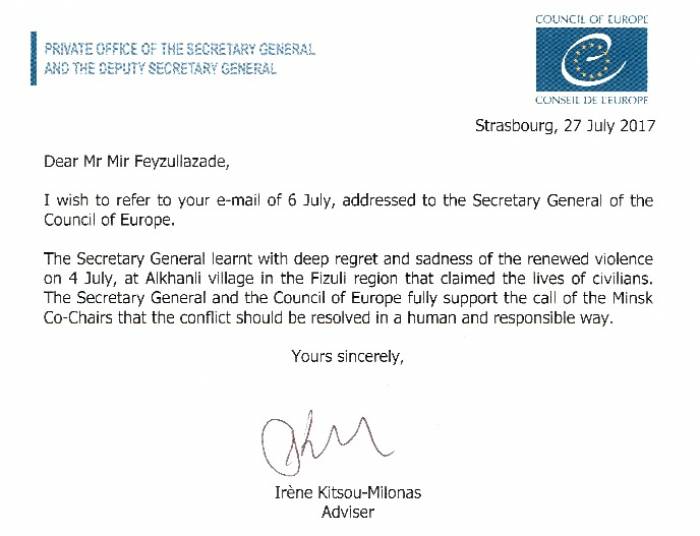 Le Conseil de l'Europe a répondu au défi sur l’incident d’Alkhanly