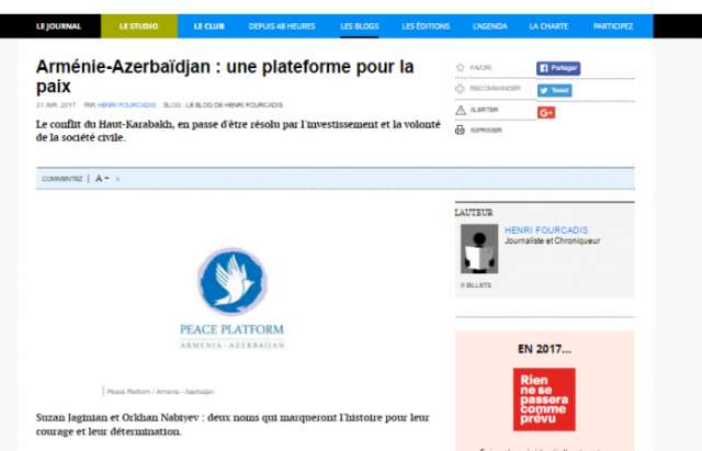 Le site français «Mediapart» publie un article sur la Plateforme pour la paix d'Arménie-Azerbaïdjan