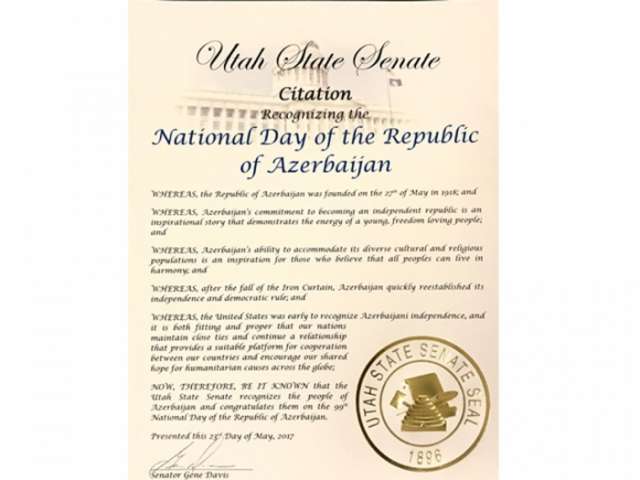 Utah State Senate signs citation recognizing Azerbaijan Republic Day