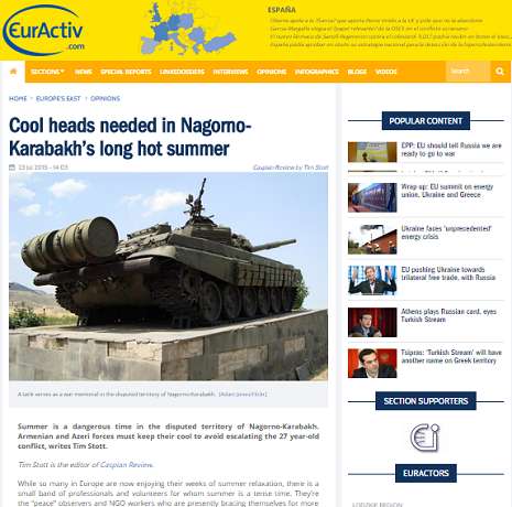 Euractiv posts article on aggressive policy of Armenia