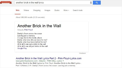 Google now displays song lyrics in search results
