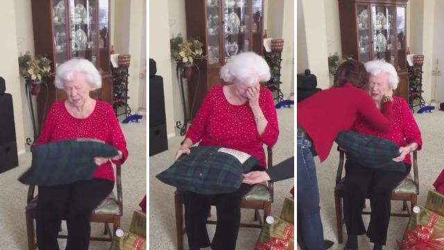 Grandma receives beautiful pillow made from late husband"s shirt - V?DEO