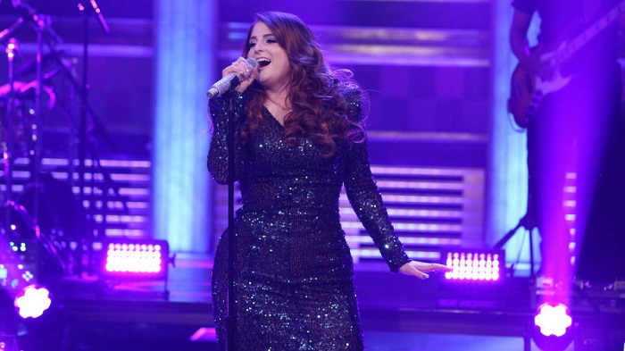 Meghan Trainor falls after "Tonight Show" performance, Jimmy Fallon joins her