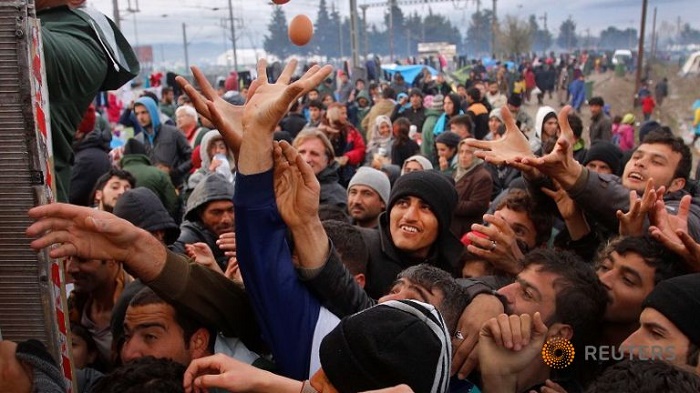 Migrants fight for free bread and eggs at Greek-Macedonian border - VIDEO