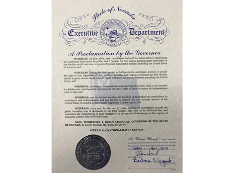 May 28th proclaimed as "Azerbaijan National Day" in the U.S. State of Nevada