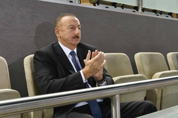 Ilham Aliyev watching Azerbaijan-Germany volleyball match
