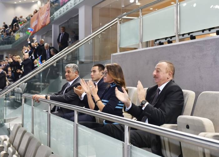 Ilham Aliyev, his spouse watching Azerbaijan-Netherlands volleyball match