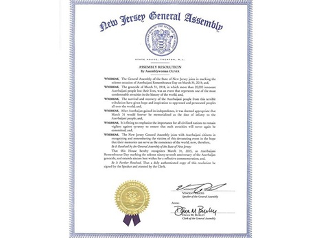 New Jersey issues resolution dedicated to Azerbaijani Genocide anniversary