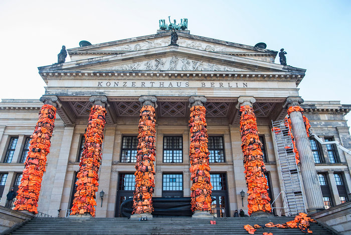 Berlin concert hall has been covered in life jackets