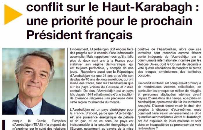 Karabakh conflict settlement should be priority for France’s next president -Senator Reichardt 