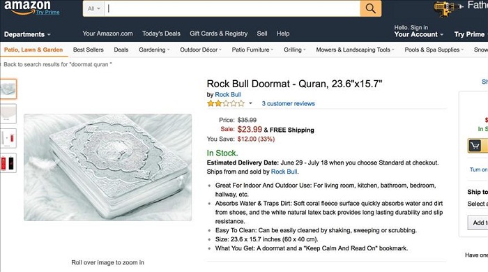 Amazon removes doormats with images of Quran from sale