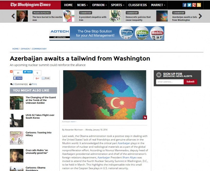 The Washington Times:Aserbaidschan erwartet Unterstützung von Washington