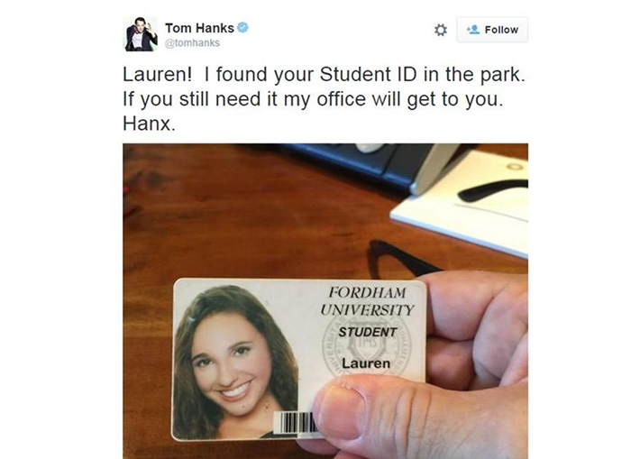 Tom Hanks finds university student`s ID in New York City