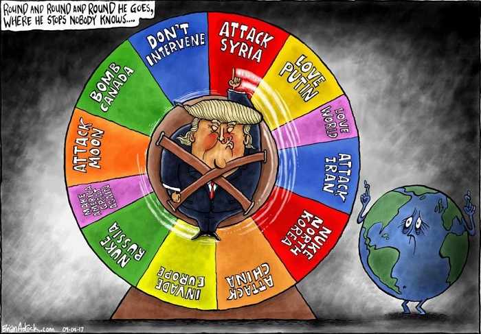 Round wheel of Trump`s actions - CARTOON