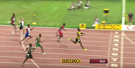 Usain Bolt starts jogging before the finish line, still destroys everyone