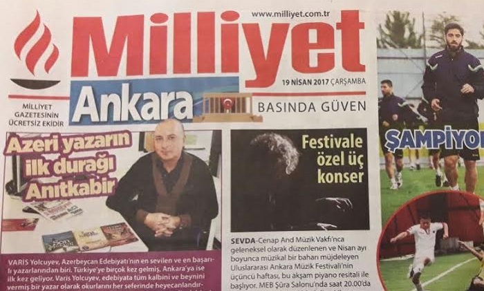 Azərbaycanlı yazıçı `Miliyyet`in manşetində