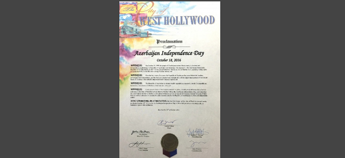 West Hollywood proclaims October 18 as ‘Azerbaijan Independence Day’